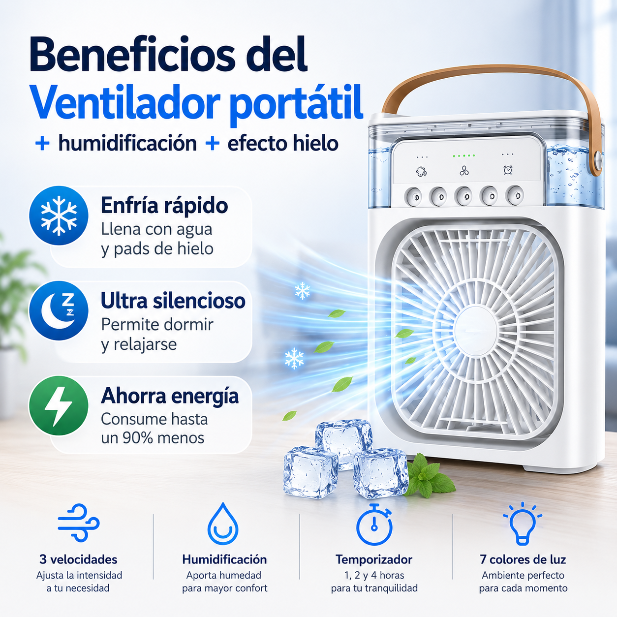 💨🧊 Ventilador Portátil 3 En 1 Ventilación + Humidificación + Efecto Hielo ⏳