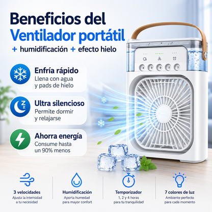 💨🧊 Ventilador Portátil 3 En 1 Ventilación + Humidificación + Efecto Hielo ⏳