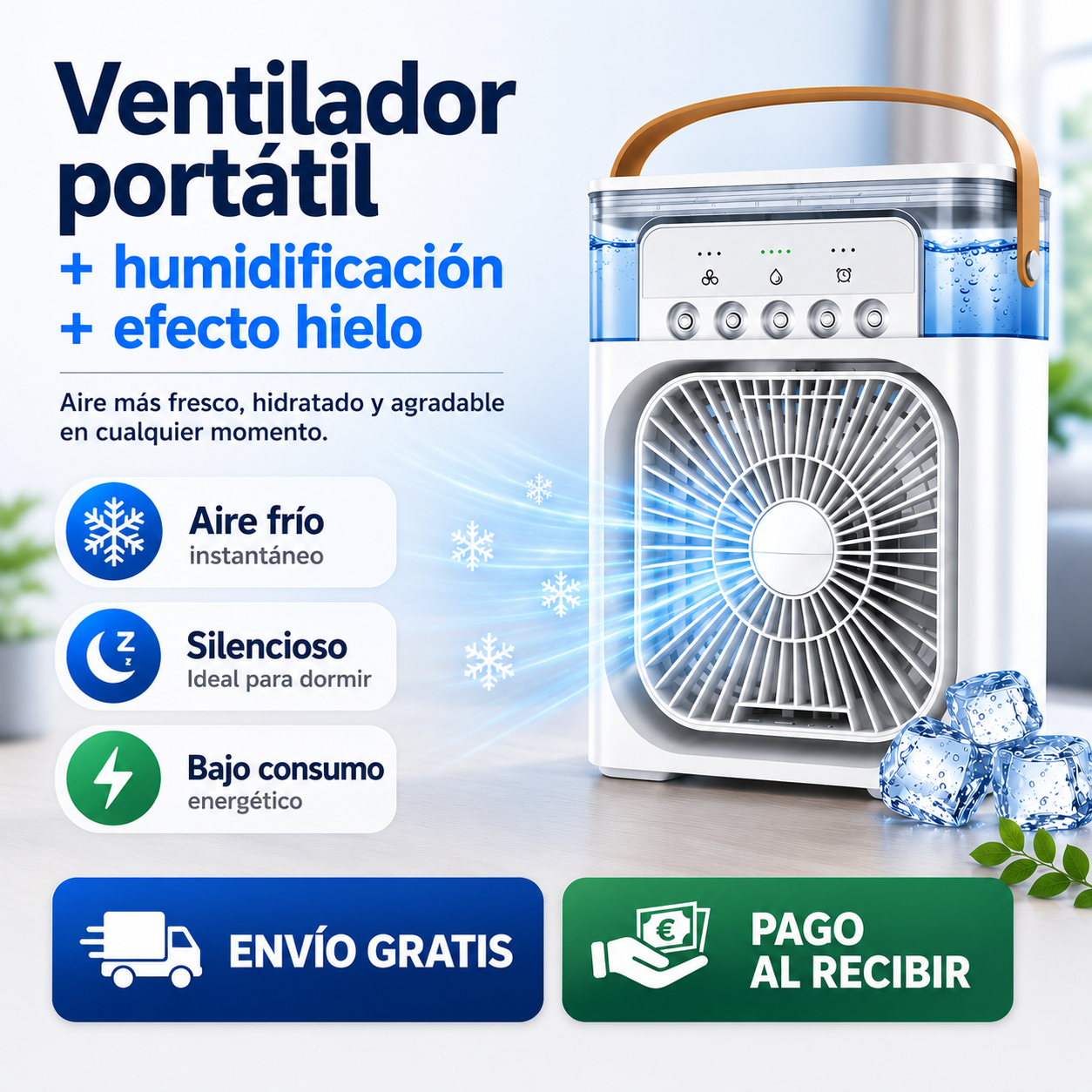 💨🧊 Ventilador Portátil 3 En 1 Ventilación + Humidificación + Efecto Hielo ⏳