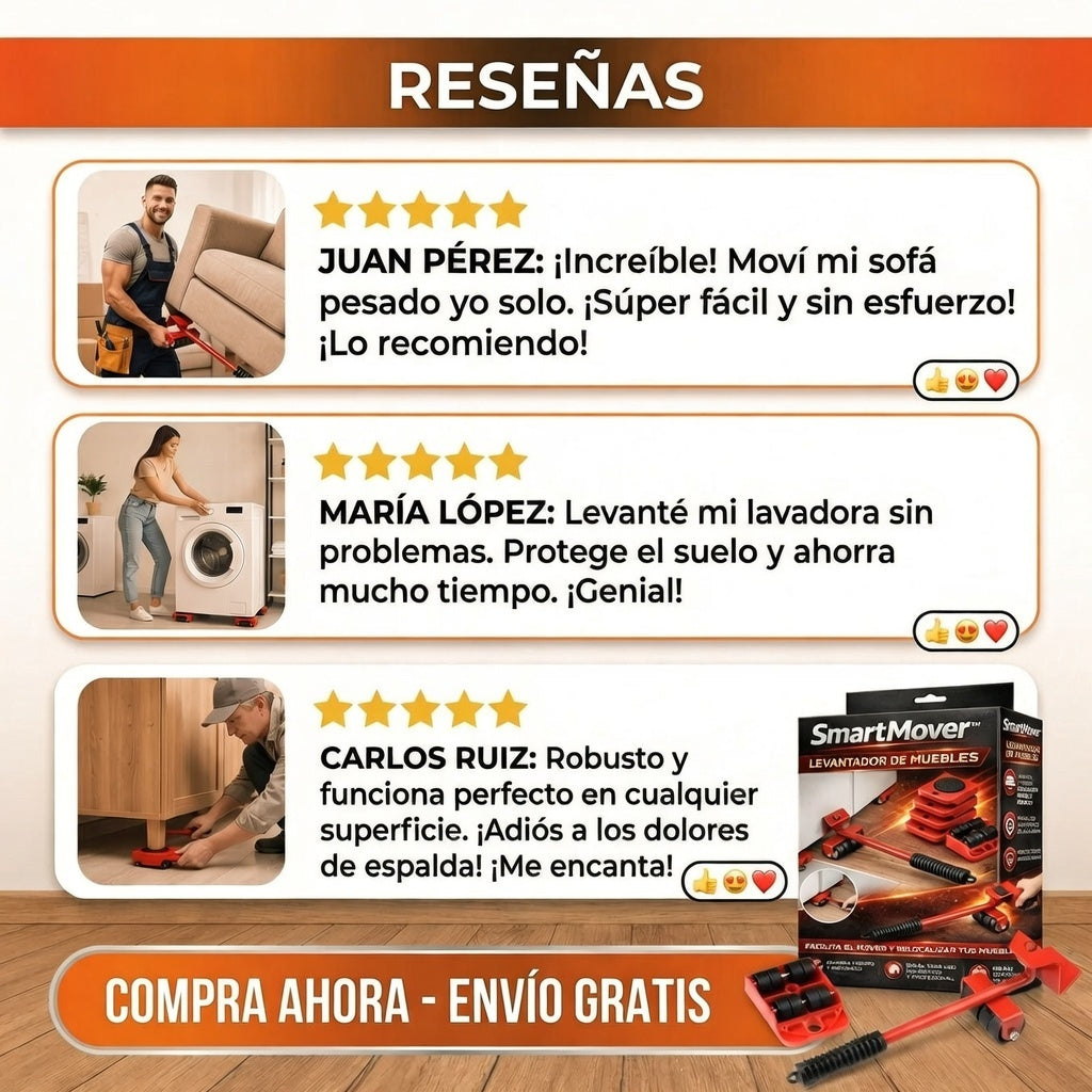 Smart Mover™ - Levantador de muebles + Kit Elevador + Deslizadores 360º